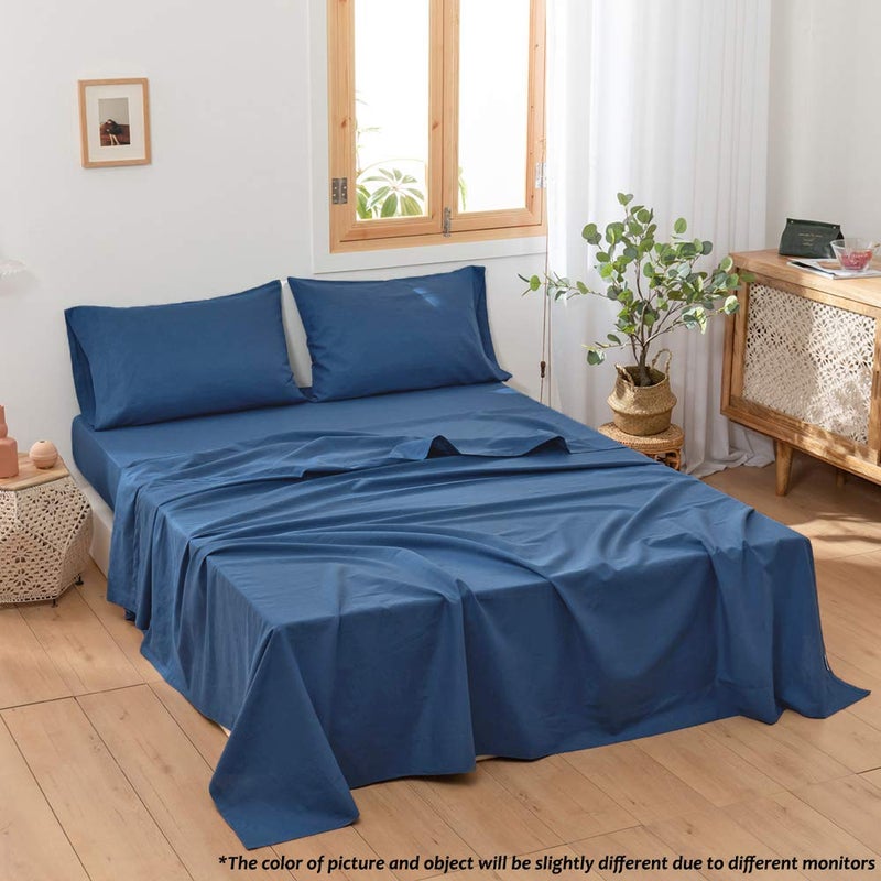 Simple&Opulence Belgian Linen Sheet Set Solid Color - 4 Pieces (1 Flat Sheet, 1 Fitted Sheet & 2 Pillowcases) Natural Flax Cotton Blend Soft Breathable Farmhouse Bedding - King Size, Classic Blue - Image 5